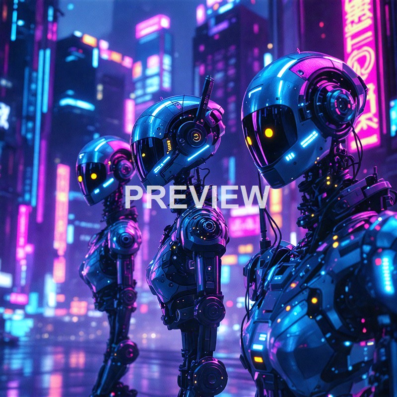Three futuristic humanoid robots with illuminated helmets and bodies stand in a neon-lit cityscape filled with glowing signs and tall buildings.